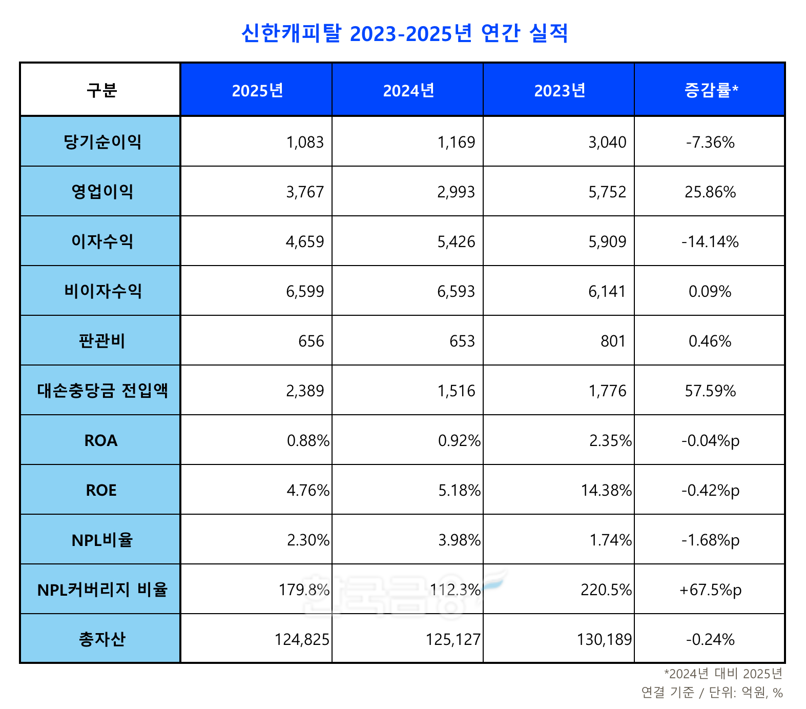 신한캐피탈 2023-2025년 연간 실적 표./표 = 김다민 기자